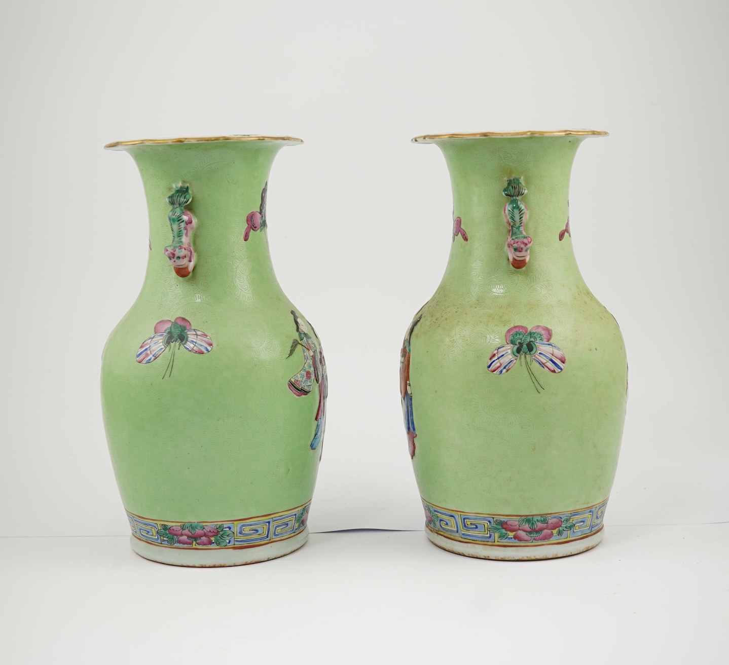 A pair of Chinese lime-green sgraffito ground vases, late 19th century